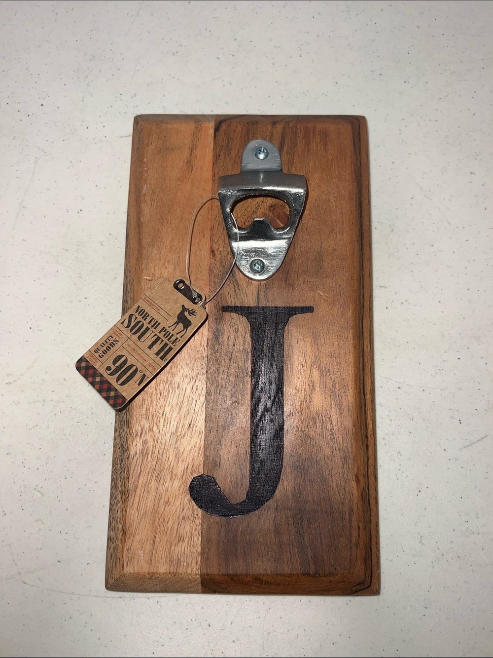 Rustic Wooden Wall Bottle Opener with Black 'J' Initial